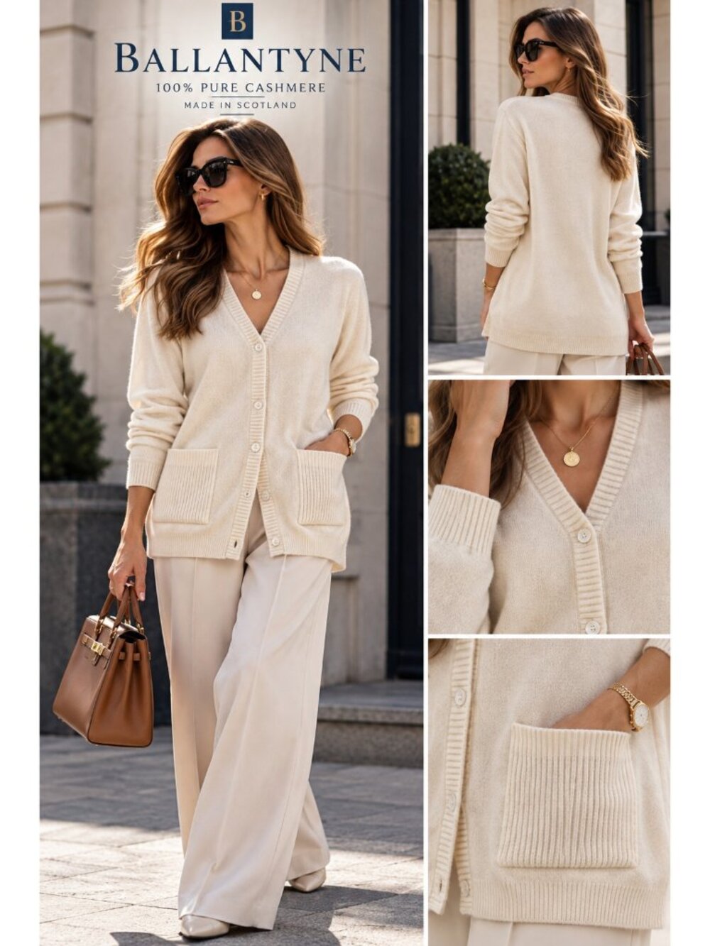 Vintage Ballantyne Scotland 100% Pure Cashmere Cream Long Cardigan Sweater M